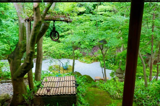 かふぇ楊梅亭内からの庭園と滑川の風景
